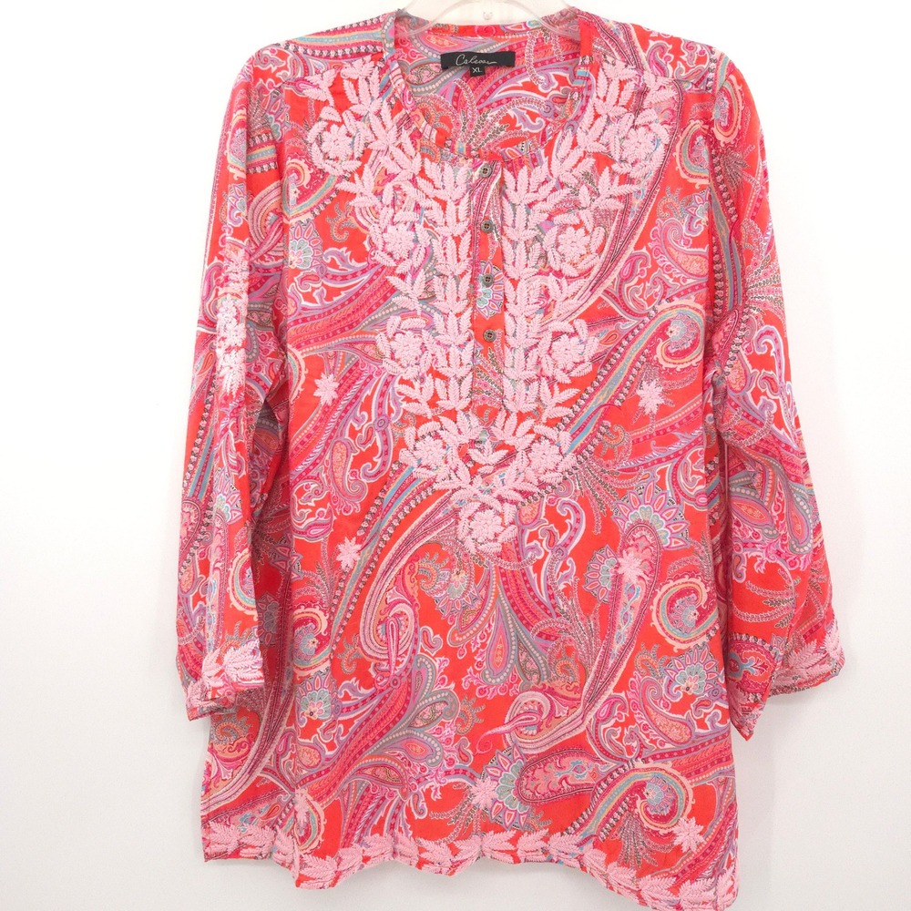 Calessa Embroidered Paisley Tunic Women XL Orange Pink  Boho Cotton Top